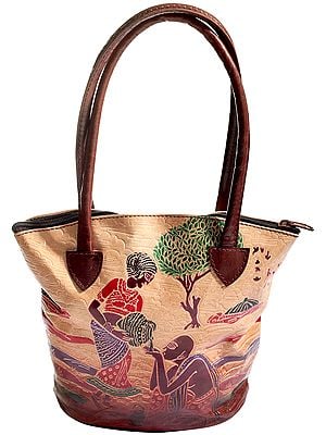 Pure Leather Boho Hand-Bag from Shantiniketan Kolkata, Hand-Carved and Hand-Painted with Non-Toxic Vegetable Dyes