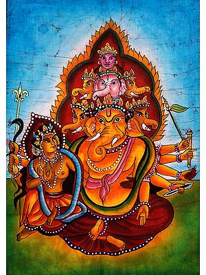 Shakti Ganesha with a Pyramid of Heads (Topped by Devi)