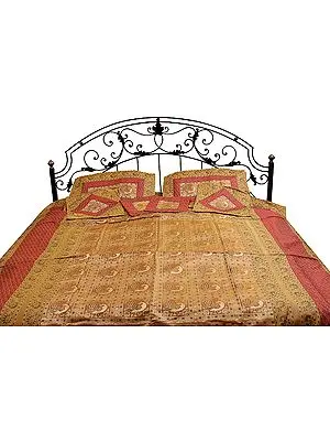 Golden and Maroon Seven-Piece Banarasi Bedcover with Woven Peacocks