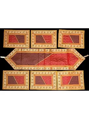 Seven Piece Red and Maroon Banarasi Dinner Set with Golden Thread Weave and Brocaded Border