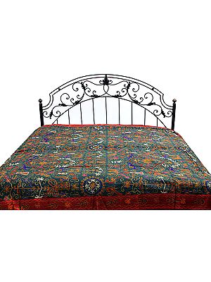 Dark-Green Gujarati Bedspread with All-Over Thread Work