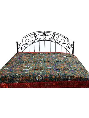 Dark-Green Gujarati Bedspread with All-Over Thread Work