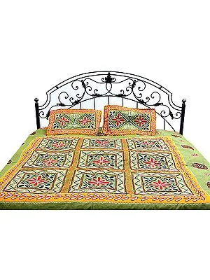 Green and Amber Gujarati Bedspread with Hand-Embroidery All-Over