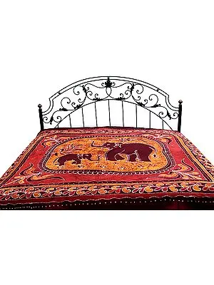 Amber and Maroon Batik Bedspread with Elephants