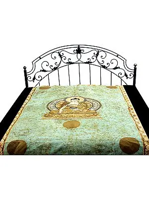 Green Single-Bed Batik Bedspread with Buddha in Bhumisparsha Mudra
