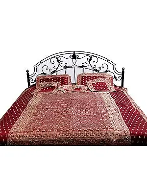 Burgundy Seven-Piece Bedcover Hand-woven in Banaras with Woven Elephants