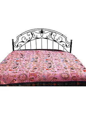Pink Gujarati Bedspread with All-Over Thread Work
