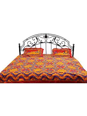 Tri-Color Kantha Stitch Bedspread with Printed Leaves