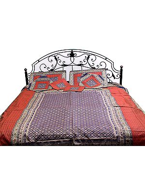 Blue and Red Seven-Piece Banarasi Bedcover with Tanchoi Weave