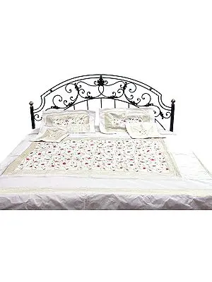 Ivory Bedcover with All-Over Embroidered Flowers and Brocaded Border