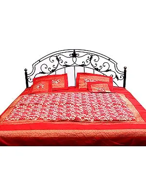 Red Bedcover with All-Over Brocade Woven Flowers