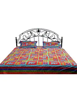 Multi-Colored Kantha Stitch Bedspread with Ghungroos