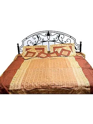 Brown and Golden Seven-Piece Banarasi Bedcover with Woven Auspicious Pots