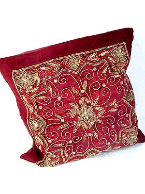 Burgundy Velvet Cushion Cover with Antique Beadwork and Sequins