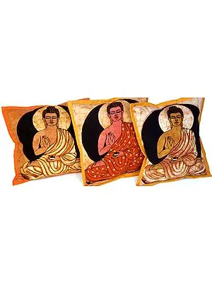 Lot of Three Small Batik Cushion Covers with Gautam Buddha