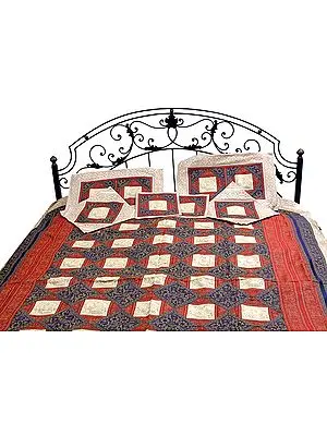 Tri-Color Seven-Piece Banarasi Bedcover with Woven Peacock
