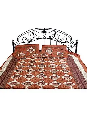 Rust and Ivory Seven-Piece Banarasi Bedcover with Woven Elephants