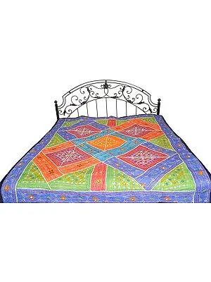 Multicolor Embroidered Bedspread from Kutch with Patchwork and Mirrors