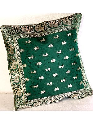 Emerald-Green Banarasi Cushion Covers with Elephants and Peacocks