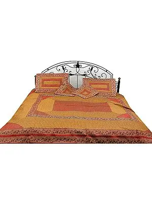Mustard and Red Seven Piece Banarasi Bedcover with All-Over Tanchoi Weave