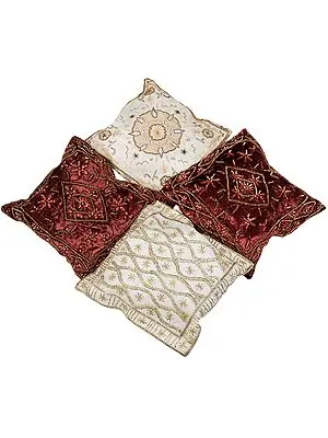 Lot of Four Net Cushion Covers with Antique Beadwork