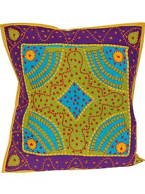 Tri-Color Appliqué Cushion Cover with Kantha Embroidery by Hand