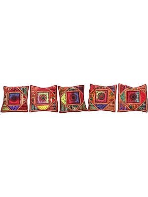 Lot of Five Cushion Covers from Kutch with All-Over Embroidery and Mirrors