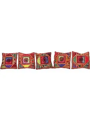 Lot of Five Cushion Covers from Kutch with All-Over Embroidery and Mirrors