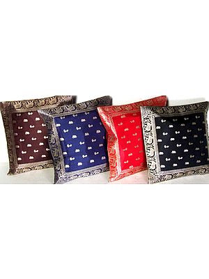 Lot of Four Banarasi Cushion Covers with Elephants and Peacocks