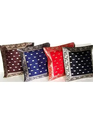 Lot of Four Banarasi Cushion Covers with Elephants and Peacocks