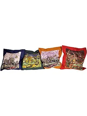 Lot of Four Large Batik Cushion Covers with Landscape Scenes