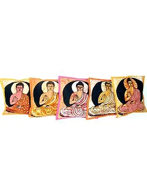 Lot of Five Small Batik Cushion Covers with Gautam Buddha