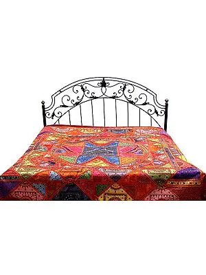 Multi-Color Solar Bedcover from Kutch with Mirrors and All-Over Thread Work