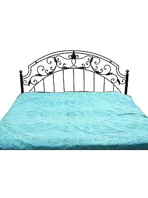 Sky-Blue Stonewash Bedspread with Embroidery in Golden Thread