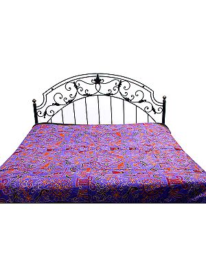 Purple Gujarati Bedspread with All-Over Thread Work