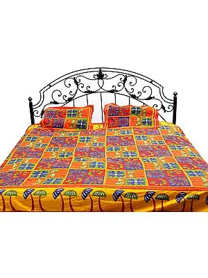 Multi-Color Kantha Stitch Bedspread with Printed Palm Trees