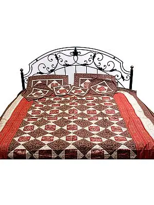 Maroon and Red Seven-Piece Banarasi Bedcover with Woven Flower Pot