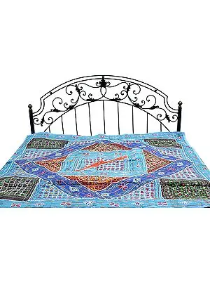Light-Blue Bedcover from Kutch with Mirrors and Beads