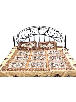 Beige Gujarati Bedspread with Hand-Embroidery All-Over