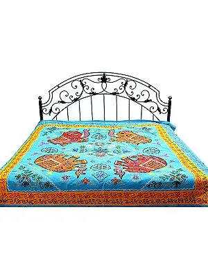 Azure Gujarati Bedspread with Appliqué Elephants and All-Over Embroidery