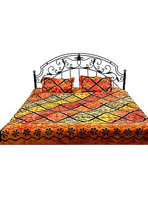 Multi-Color Kantha Stitch Bedspread with Floral Print