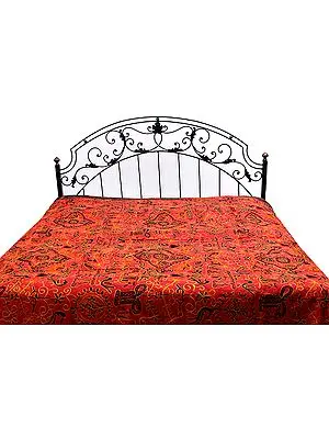 Ruby-Red Gujarati Bedspread with All-Over Thread Work