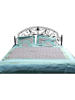 Turquoise and Beige Bedcover with All-Over Brocade Weave