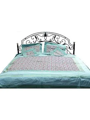 Turquoise and Beige Bedcover with All-Over Brocade Weave