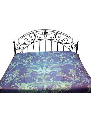 Amparo-Blue Pure Silk Reversible Bedcover with Woven Tree of Life