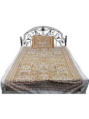 Antique-White Single Bedspread from Pilkhuwa with Auspicious Print