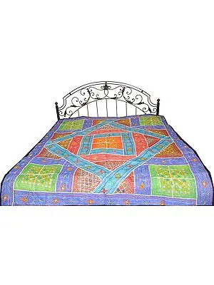Multicolor Bedspread from Kutch with Patchwork and Embroidered Mirrors