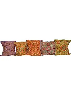 Lot of Five Floral Embroiderd Cushion Covers from Kutch with Mirrors