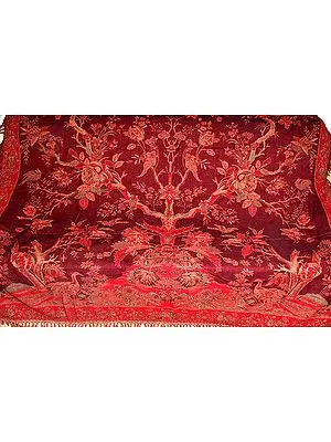 Maroon Reversible Jamawar Sofa Throw with Tree of Life