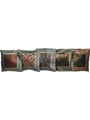 Lot of Five Banarasi Cushion Covers with Brocaded Patch Border